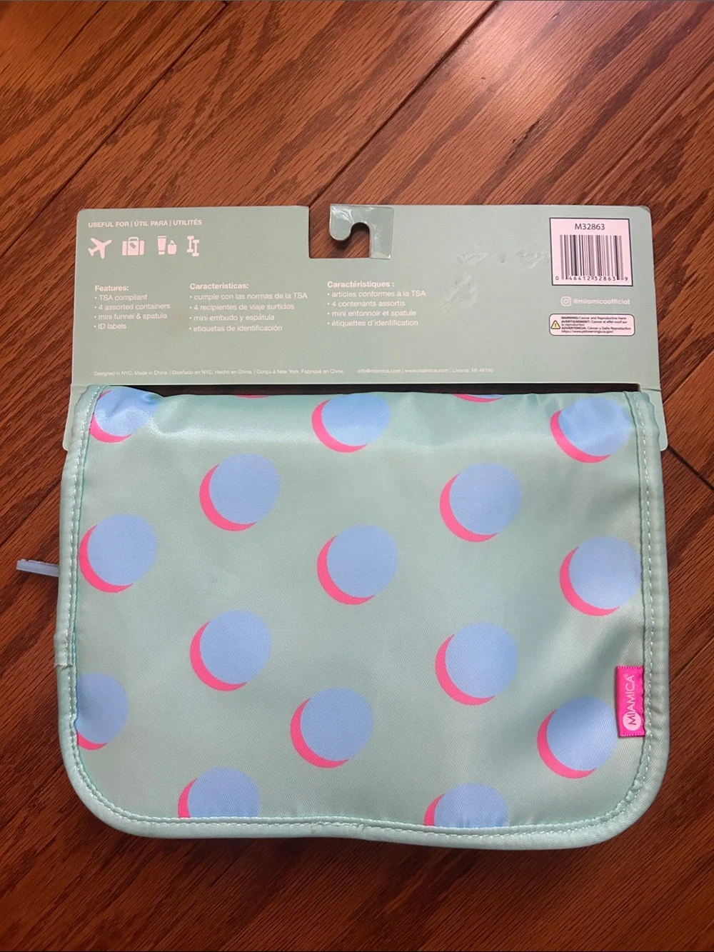 Miamica Aqua & Pink Travel Hanging Toiletry Bag with Reusable Bottles